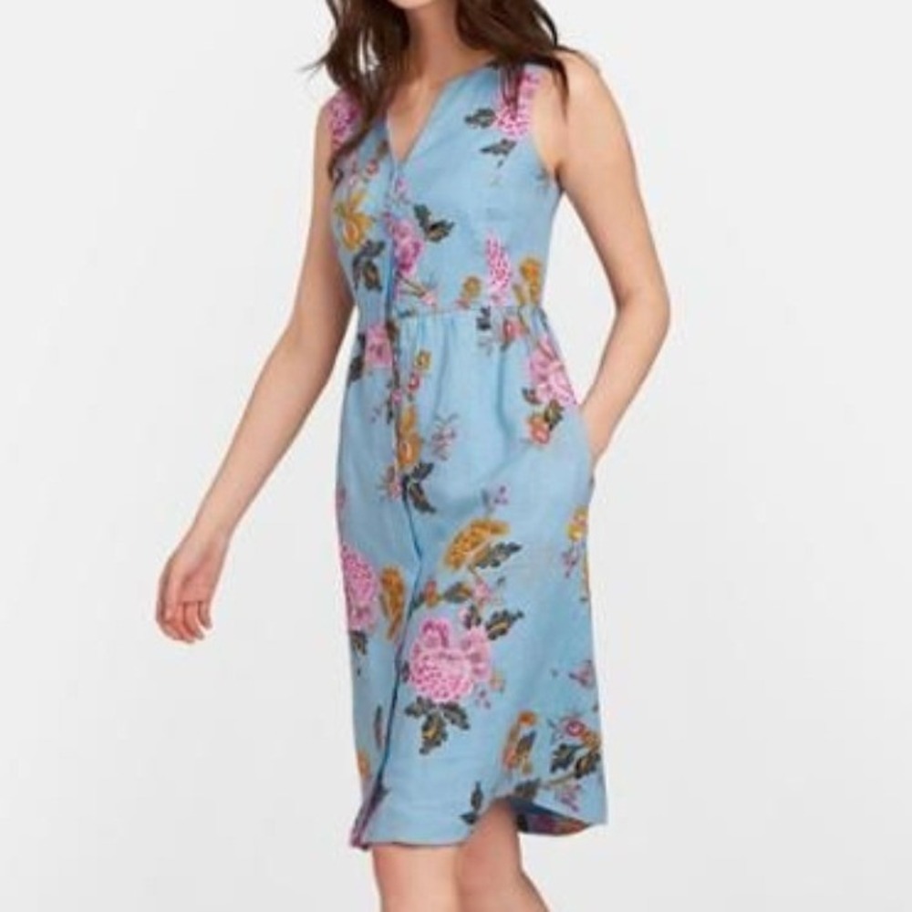 Joules Linen Shirt Dress Blue Floral Sleeveless Button Front Midi Size US 10